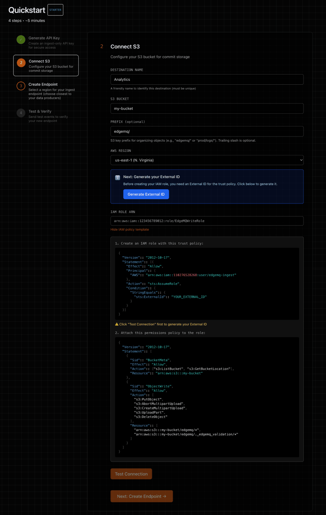 Screenshot of Step 2 in the EdgeMQ console showing the S3 destination form.