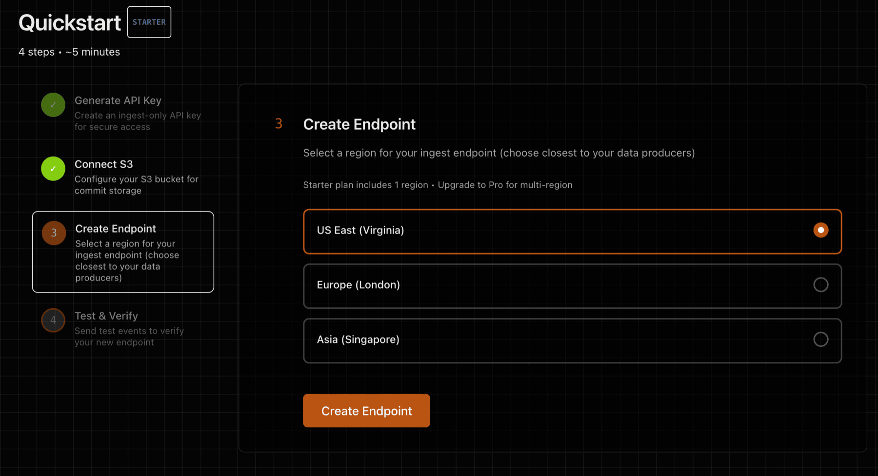 Screenshot of Step 2 in the EdgeMQ console showing the S3 destination form.