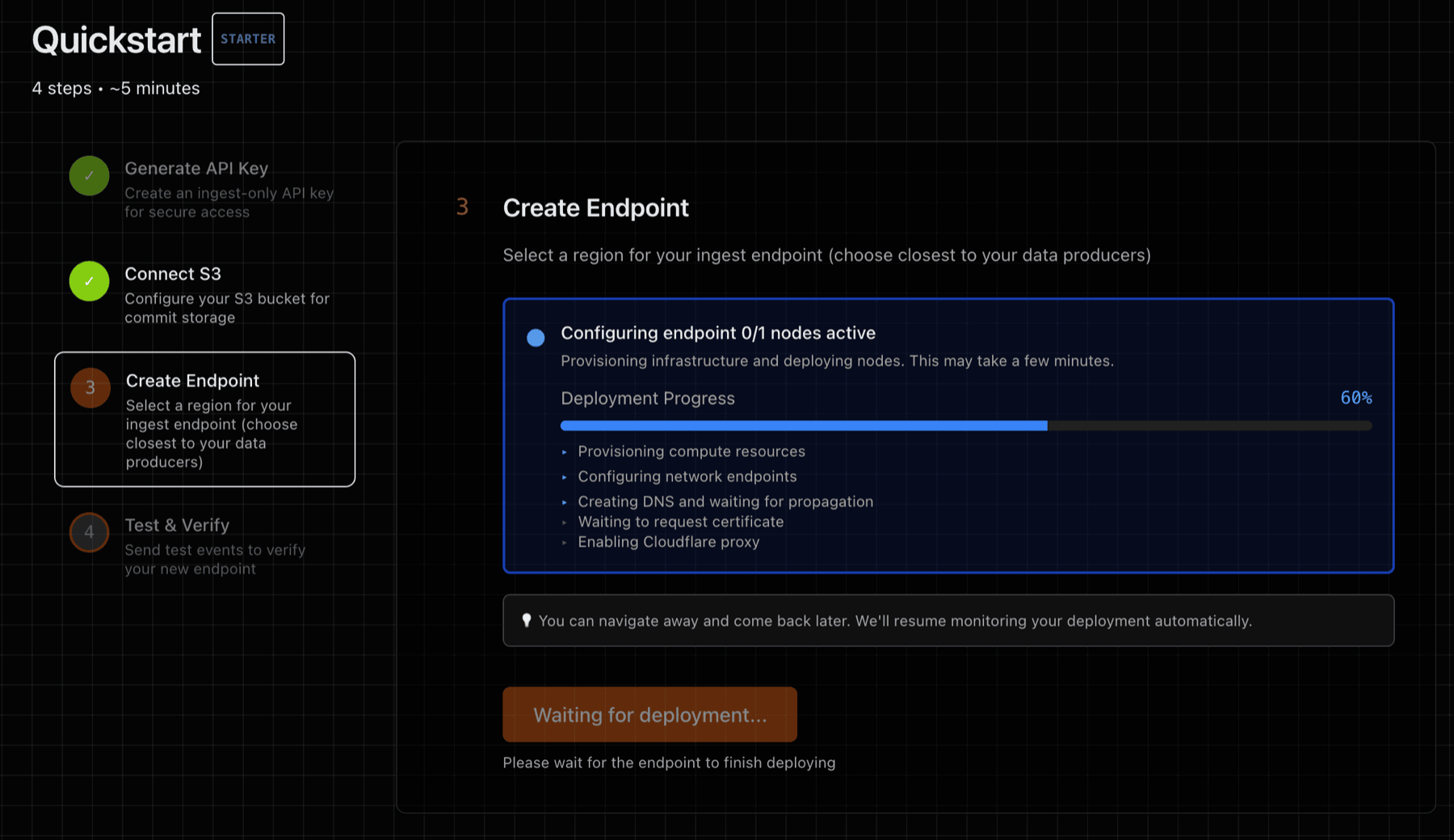 Screenshot of Step 2 in the EdgeMQ console showing the S3 destination form.
