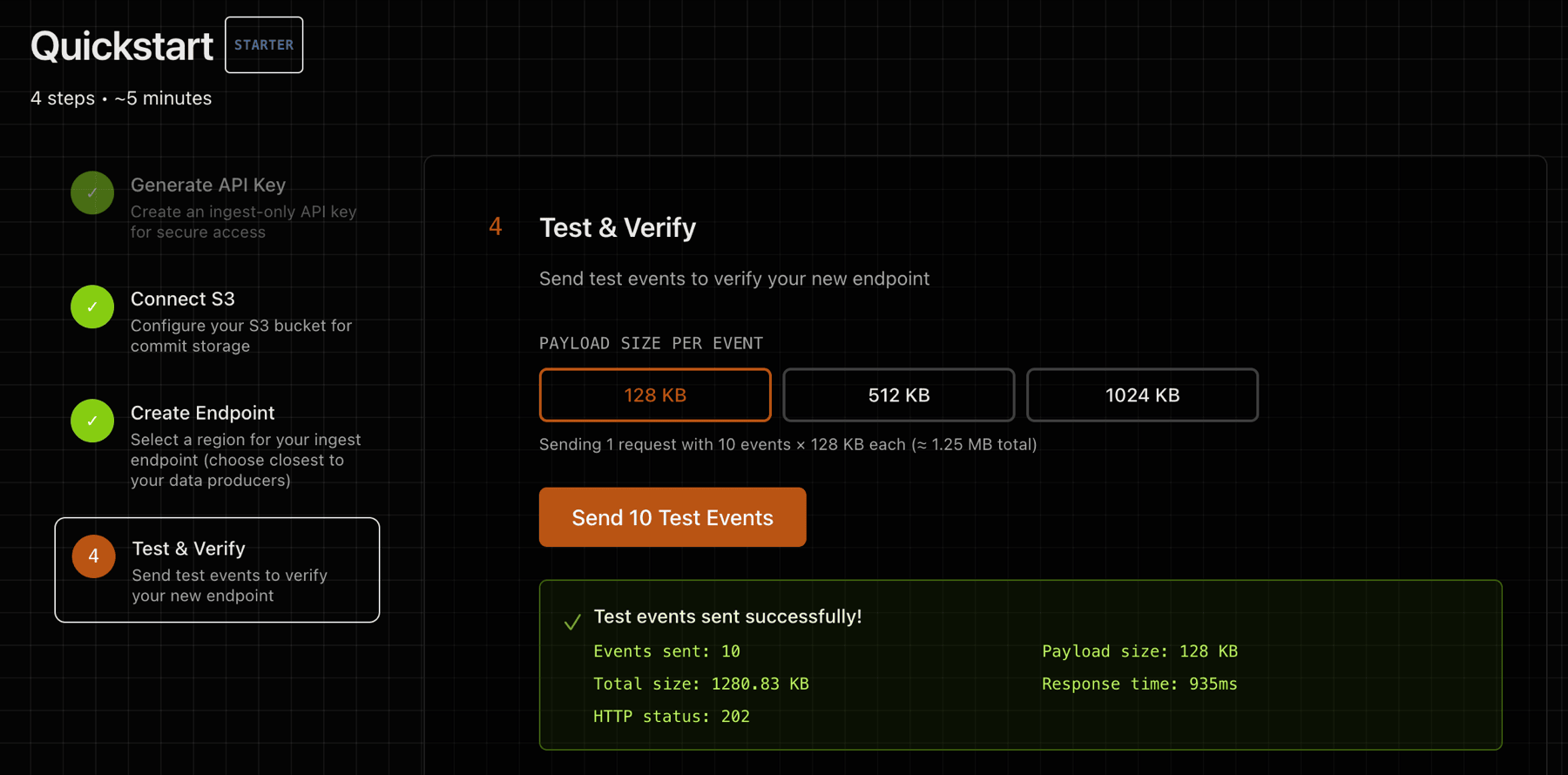 Screenshot of Step 2 in the EdgeMQ console showing the S3 destination form.