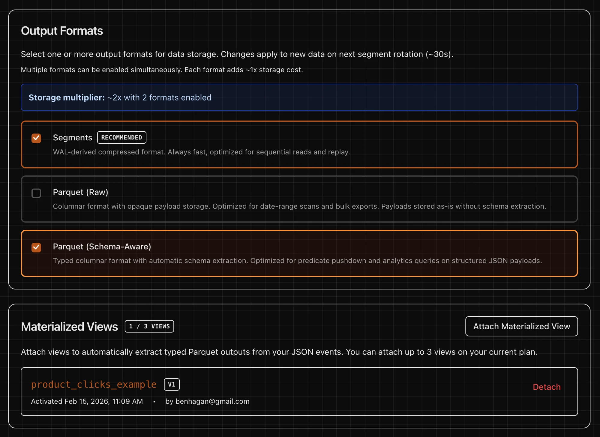 EdgeMQ output format configuration showing segments, raw Parquet, and schema-aware Parquet toggles